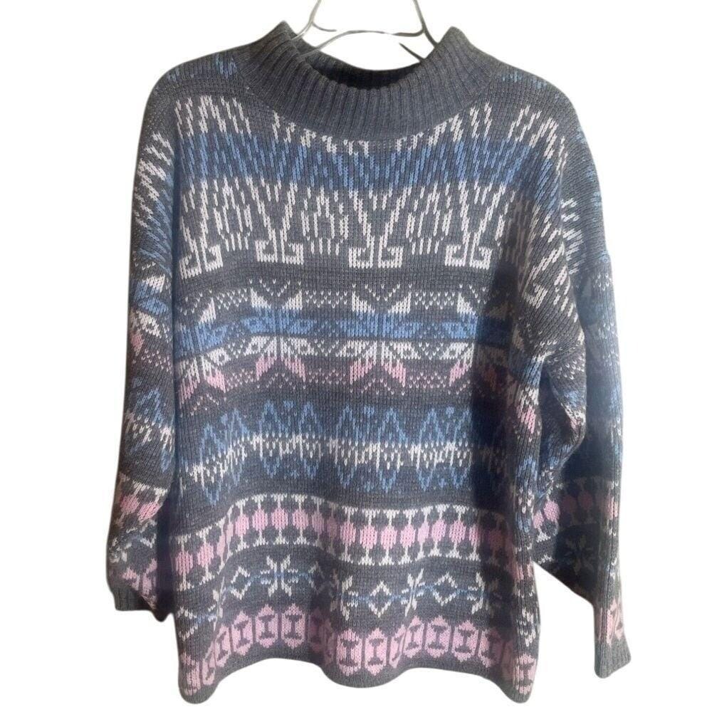 VTG Fair Isle Scandinavian Pink Blue Winter Sweater Doris Skis Sweater USA Large